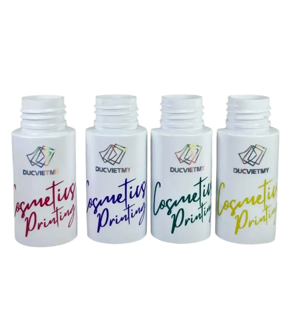 Bộ Chai PET Trắng 30ml Ép Kim 7 Màu Và In 3 Màu Bằng Mực UV
