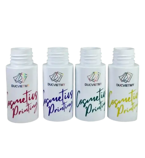 Bộ Chai PET Trắng 30ml Ép Kim 7 Màu Và In 3 Màu Bằng Mực UV